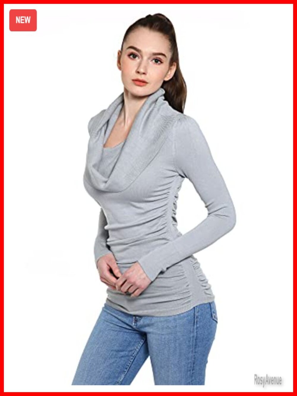 Slim Fit Cowl Neck Long Sleeve Ruched Pullover Tunic Sweater
